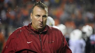 Aug 30, 2014; Auburn, AL, USA; Arkansas Razorbacks head coach Bret Bielema walks off the field at the end of the game against the Auburn Tigers at Jordan Hare Stadium. The Tigers beat the Razorbacks 45-21. Mandatory Credit: Shanna Lockwood-USA TODAY Sports