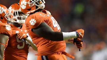 Dec 31, 2015; Miami Gardens, FL, USA; Clemson Tigers defensive tackle D.J. Reader (48) reacts after a play against the Oklahoma Sooners in the third quarter of the 2015 CFP Semifinal at the Orange Bowl at Sun Life Stadium. Mandatory Credit: John David Mercer-USA TODAY Sports