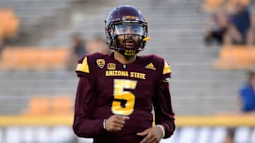 TEMPE, AZ - SEPTEMBER 24: Quarterback Manny Wilkins #5 of the Arizona State Sun Devils warms up prior to the game against the California Golden Bears at Sun Devil Stadium on September 24, 2016 in Tempe, Arizona. The Sun Devils won 51-41. (Photo by Jennifer Stewart/Getty Images)