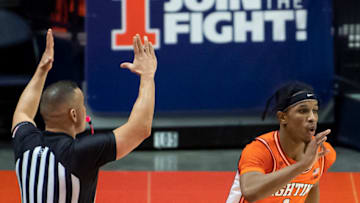 Jan 29, 2021; Champaign, Illinois, USA; Illinois Fighting Illini guard Trent Frazier (1) celebrates after making a three point basket against the Iowa Hawkeyes during the second half at the State Farm Center. Mandatory Credit: Patrick Gorski-USA TODAY Sports