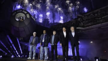 ANAHEIM, CA - MAY 29: In this handout photo provided by Disneyland Resort, (L-R) George Lucas, Billy Dee Williams, Mark Hamil, Bob Iger and Harrison Ford attend the pre-opening launch of Star Wars: Galaxy's Edge at Disneyland on May 29, 2019 in Anaheim, California. (Photo by Richard Harbaugh/Disneyland Resort via Getty Images)