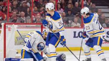 Jan 1, 2023; Ottawa, Ontario, CAN; Buffalo Sabres goalie Craig Anderson (41) is unable to stop a shot from Ottawa Senators left wing Tim Stutzle (18-not pictured) in the first period at the Canadian Tire Centre. Mandatory Credit: Marc DesRosiers-USA TODAY Sports