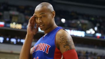 Jan 16, 2015; Indianapolis, IN, USA; Detroit Pistons forward Caron Butler (31) reacts to getting hit in the head during a game against the Indiana Pacers at Bankers Life Fieldhouse. Detroit defeats Indiana 98-96. Mandatory Credit: Brian Spurlock-USA TODAY Sports
