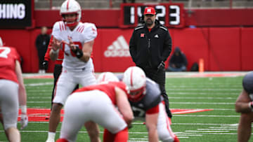 Nebraska cornhuskers Head coach Matt Rhule of Nebraska Cornhuskers watches action at Memorial Stadium on April 22, 2023 in Lincoln, Nebraska. (Photo by Steven Branscombe/Getty Images)