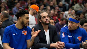 Former Chicago Bull and New York Knicks center Joakim Noah, middle, stays on the bench December 9, 2017, at the United Center in Chicago. (Erin Hooley/Chicago Tribune/TNS via Getty Images)