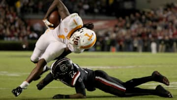 COLUMBIA, SC - OCTOBER 27: Steven Montac #22 of the South Carolina Gamecocks tries to stop Marquez Callaway #1 of the Tennessee Volunteers during their game at Williams-Brice Stadium on October 27, 2018 in Columbia, South Carolina. (Photo by Streeter Lecka/Getty Images)