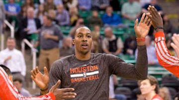 Nov 2, 2013; Salt Lake City, UT, USA; Houston Rockets center Dwight Howard (12) is introduced prior to a game against the Utah Jazz at EnergySolutions Arena. Mandatory Credit: Russ Isabella-USA TODAY Sports