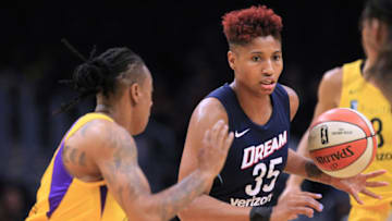 LOS ANGELES, CA - JUNE 12: Angel McCoughtry #35 of the Atlanta Dream handles the ball against Riquna Williams #2 of the Los Angeles Sparks during a WNBA basketball game at Staples Center on June 12, 2018 in Los Angeles, California. (Photo by Leon Bennett/Getty Images)
