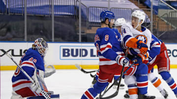 New York Rangers goaltender Alexandar Georgiev (40) and defenseman Jacob Trouba (8) Mandatory Credit: Bruce Bennett /POOL PHOTOS-USA TODAY Sports