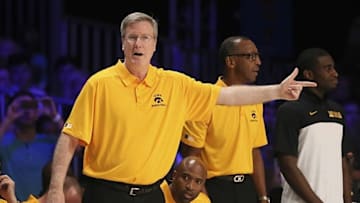 Nov 30, 2013; Paradise Island, BAHAMAS; Iowa Hawkeyes head coach Fran McCaffery reacts during the game against the Villanova Wildcats in the 2013 Battle 4 Atlantis Championship game in the Imperial Arena at the Atlantis Resort. Mandatory Credit: Kevin Jairaj-USA TODAY Sports