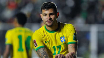 Brazil's Bruno Guimaraes celebrates after scoring against Bolivia during their South American qualification football match for the FIFA World Cup Qatar 2022 at the Hernando Siles stadium in La Paz on March 29, 2022. (Photo by JORGE BERNAL / AFP) (Photo by JORGE BERNAL/AFP via Getty Images)