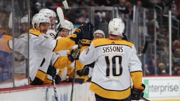 DENVER, CO - NOVEMBER 07: Colton Sissons #10 of the Nashville Predators celebrates with his bench after scoring his third goal of the game against the Colorado Avalanche at the Pepsi Center on November 7, 2018 in Denver, Colorado. (Photo by Michael Martin/NHLI via Getty Images)