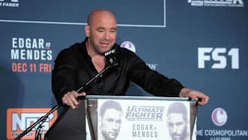 December 11, 2015; Las Vegas, NV, USA; UFC president Dana White speaks following the victory of Frankie Edgar against Chad Mendes during The Ultimate Fighter Finale at The Chelsea at The Cosmopolitan. Mandatory Credit: Gary A. Vasquez-USA TODAY Sports