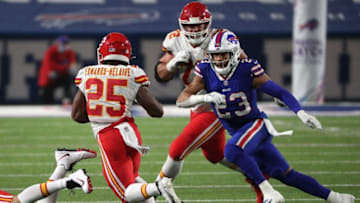 Bills safety Micah Hyde (23) looks to tackle Chief's running back Clyde Edwards-Helaire.Jg 101920 Bills 27b