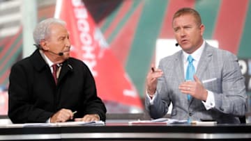 Lee Corso (left) and Kirk Herbstreit record a segment of College GameDay on Saturday, Nov. 2, 2019, on Beale Street in downtown Memphis.