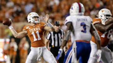 AUSTIN, TX - AUGUST 31: Sam Ehlinger #11 of the Texas Longhorns looks to pass in the third quarter against the Louisiana Tech Bulldogs at Darrell K Royal-Texas Memorial Stadium on August 31, 2019 in Austin, Texas. (Photo by Tim Warner/Getty Images)