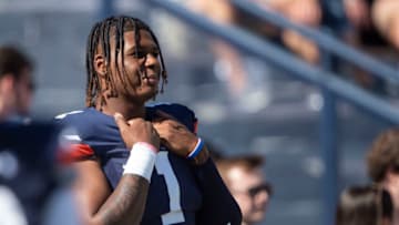 Auburn footballAUBURN, ALABAMA - SEPTEMBER 24: Quarterback T.J. Finley #1 of the Auburn Tigers prior to their game against the Missouri Tigers at Jordan-Hare Stadium on September 24, 2022 in Auburn, Alabama. (Photo by Michael Chang/Getty Images)