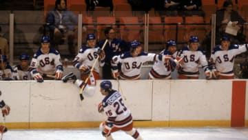 LAKE PLACID, NY - FEBRUARY 22: Buzz Schneider #25 of the United States skates in front of his bench as time winds down during the Olympic hockey game against the Soviet Union on February 22, 1980 in Lake Placid, New York. The United States won 4-3. (Photo by: Steve Powell/Getty Images)