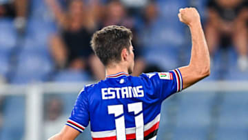 GENOA, ITALY - AUGUST 14: Estanislau Pedrola of Sampdoria celebrates after scoring a penalty kick during the Coppa Italia Round of 32 match between UC Sampdoria and Sudtirol at Stadio Luigi Ferraris on August 14, 2023 in Genoa, Italy. (Photo by Simone Arveda/Getty Images)