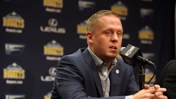 Sep 28, 2015; Denver, CO, USA; Denver Nuggets general manager Tim Connelly answers questions during a press conference during the media day at Pepsi Center. Mandatory Credit: Chris Humphreys-USA TODAY Sports