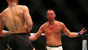 March 5, 2016; Las Vegas, NV, USA; Nate Diaz reacts against Conor McGregor during UFC 196 at MGM Grand Garden Arena. Mandatory Credit: Mark J. Rebilas-USA TODAY Sports