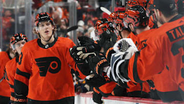 PHILADELPHIA, PA - FEBRUARY 26: Oskar Lindblom #23 of the Philadelphia Flyers celebrates his first period goal against the Buffalo Sabres with his teammates on the bench on February 26, 2019 at the Wells Fargo Center in Philadelphia, Pennsylvania. (Photo by Len Redkoles/NHLI via Getty Images)