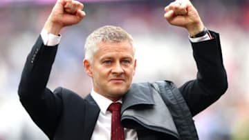 LONDON, ENGLAND - SEPTEMBER 19: Manchester United Manager Ole Gunnar Solskjaer celebrates at the end of the Premier League match between West Ham United and Manchester United at London Stadium on September 19, 2021 in London, England. (Photo by Chloe Knott - Danehouse/Getty Images)