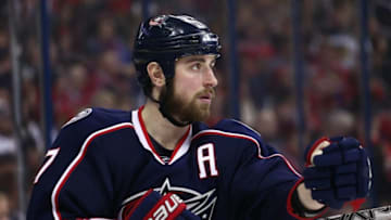 Apr 9, 2016; Columbus, OH, USA; Columbus Blue Jackets center Brandon Dubinsky (17) against the Chicago Blackhawks at Nationwide Arena. The Blue Jackets won 5-4 in overtime. Mandatory Credit: Aaron Doster-USA TODAY Sports