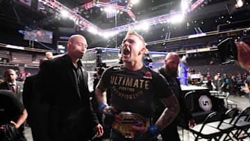 ATLANTA, GA - APRIL 13: Dustin Poirier reacts after defeating Max Holloway in their interim lightweight championship bout during the UFC 236 event at State Farm Arena on April 13, 2019 in Atlanta, Georgia. (Photo by Josh Hedges/Zuffa LLC/Zuffa LLC via Getty Images)