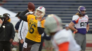 Jan 26, 2016; Mobile, AL, USA; North squad quarterback Jeff Driskel of Louisiana Tech (16) throws a pass during Senior Bowl practice at Ladd-Peebles Stadium. Mandatory Credit: Glenn Andrews-USA TODAY Sports