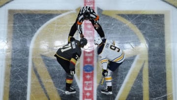 LAS VEGAS, NV - OCTOBER 16: William Karlsson #71 of the Vegas Golden Knights prepares to face-off against Jack Eichel #9 of the Buffalo Sabres during the second period of their game at T-Mobile Arena on October 16, 2018 in Las Vegas, Nevada. (Photo by Jeff Bottari/NHLI via Getty Images)