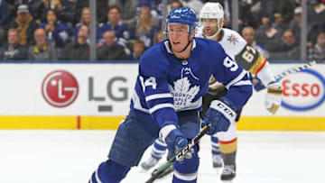 Tyson Barrie #94 of the Toronto Maple Leafs skates with the puck against the Vegas Golden Knights during an NHL game at Scotiabank Arena. (Photo by Claus Andersen/Getty Images)
