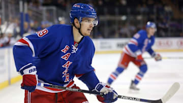 Sep 29, 2016; New York, NY, USA; New York Rangers right wing Pavel Buchnevich (89) in action against the New Jersey Devils at Madison Square Garden. Mandatory Credit: Brad Penner-USA TODAY Sports