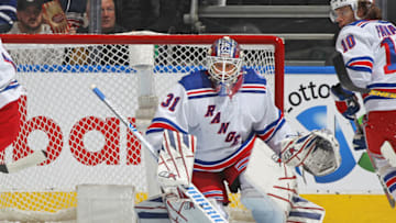 TORONTO, ON - NOVEMBER 18: Igor Shesterkin #31 of the New York Rangers gets set for a rebound against the Toronto Maple Leafs during an NHL game at Scotiabank Arena on November 18, 2021 in Toronto, Ontario, Canada. The Maple Leafs defeated the Rangers 2-1. (Photo by Claus Andersen/Getty Images)