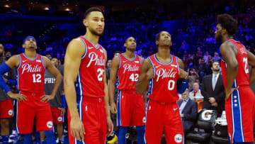 Ben Simmons #25, Tobias Harris #12, Al Horford #42, Josh Richardson #0, and Joel Embiid #21 of the Philadelphia 76ers (Photo by Mitchell Leff/Getty Images)