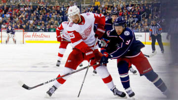 COLUMBUS, OH - MARCH 9: Mike Green #25 of the Detroit Red Wings and Artemi Panarin #9 of the Columbus Blue Jackets battle for control of the puck during the second period on March 9, 2018 at Nationwide Arena in Columbus, Ohio. (Photo by Kirk Irwin/Getty Images)