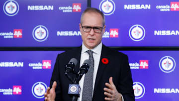 Nov 5, 2021; Winnipeg, Manitoba, CAN; Winnipeg Jets Head Coach Paul Maurice talks to the press after their win over the Chicago Blackhawks at Canada Life Centre. Mandatory Credit: James Carey Lauder-USA TODAY Sports