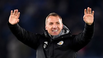 LEICESTER, ENGLAND - DECEMBER 01: Brendan Rodgers, Manager of Leicester City celebrates after the Premier League match between Leicester City and Everton FC at The King Power Stadium on December 01, 2019 in Leicester, United Kingdom. (Photo by Michael Regan/Getty Images)