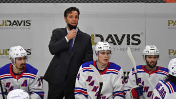 Feb 18, 2021; Philadelphia, Pennsylvania, USA; New York Rangers head coach David Quinn against the Philadelphia Flyers during the third period at Wells Fargo Center. Mandatory Credit: Eric Hartline-USA TODAY Sports