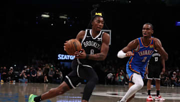 David Duke Jr. #6 of the Brooklyn Nets drives against Shai Gilgeous-Alexander #2 of the Oklahoma City Thunder during their game at Barclays Center on January 13, 2022 in New York City. NOTE TO USER: User expressly acknowledges and agrees that, by downloading and or using this photograph, User is consenting to the terms and conditions of the Getty Images License Agreement. (Photo by Al Bello/Getty Images)