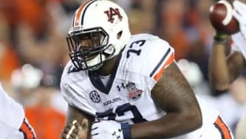 Jan 6, 2014; Pasadena, CA, USA; Auburn tackle Greg Robinson (73) in action against Florida State in the 2014 BCS National Championship game. Mandatory Credit: Matthew Emmons-USA TODAY Sports