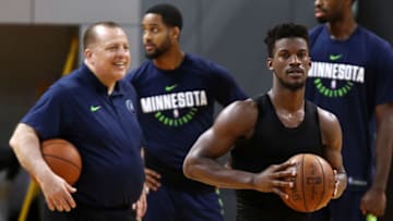 SHENZHEN, CHINA - OCTOBER 04: Head coach Tom Thibodeau(L) and Jimmy Butler #23 of the Minnesota Timberwolves looks on during practice at Shenzhen Gymnasium as part of 2017 NBA Global Games China on October 4, 2017 in Shenzhen, China. (Photo by Zhong Zhi/Getty Images)