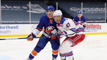 UNIONDALE, NEW YORK - MAY 01: Morgan Barron #47 of the New York Rangers skates in his first NHL game against the New York Islanders at the Nassau Coliseum on May 01, 2021 in Uniondale, New York. (Photo by Bruce Bennett/Getty Images)