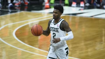Feb 23, 2021; East Lansing, Michigan, USA; Michigan State Spartans guard Rocket Watts (2) during the second half against the Illinois Fighting Illini at Jack Breslin Student Events Center. Mandatory Credit: Tim Fuller-USA TODAY Sports