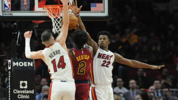 Cleveland Cavaliersguard Colin Sexton (2) is pressured by Miami Heat during guard Tyler Herro (14) and forward Jimmy Butler( Philip G. Pavely-USA TODAY Sports)