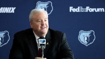 MEMPHIS, TN - MAY 2: General Manager Chris Wallace of the Memphis Grizzlies speaks with the media during a Press Conference introducing J.B. Bickerstaff as the Memphis Grizzlies Head Coach on May 2, 2018 at FedExForum in Memphis, Tennessee. NOTE TO USER: User expressly acknowledges and agrees that, by downloading and or using this photograph, User is consenting to the terms and conditions of the Getty Images License Agreement. Mandatory Copyright Notice: Copyright 2018 NBAE (Photo by Joe Murphy/NBAE via Getty Images)