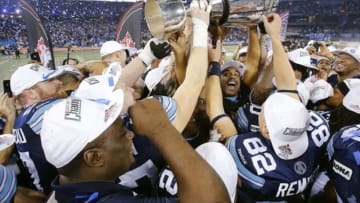 November 25, 2012; Toronto, ON, Canada; Toronto Argonauts players hoist the Grey Cup after the game against the Calgary Stampeders at the Rogers Centre. Toronto defeated Calgary Stampeders 35-22. Mandatory Credit: John E. Sokolowski-USA TODAY Sports