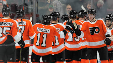 PHILADELPHIA, PA - JANUARY 14: Travis Sanheim #6 of the Philadelphia Flyers celebrates with teammates after defeating the Minnesota Wild 7-4 on January 14, 2019 at the Wells Fargo Center in Philadelphia, Pennsylvania. (Photo by Len Redkoles/NHLI via Getty Images)