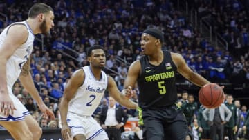 NEWARK, NJ - NOVEMBER 14: Cassius Winston #5 of the Michigan State Spartans dribbles the ball during a game against the Seton Hall Pirates at Prudential Center on November 14, 2019, in Newark, NJ. (Photo by Porter BInks/Getty Images)