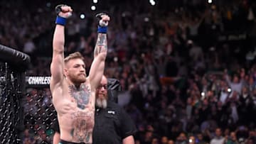 12 December 2015; Conor McGregor ahead of his featherweight title fight against Jose Aldo. UFC 194: Jose Aldo v Conor McGregor, MGM Grand Garden Arena, Las Vegas, USA. Picture credit: Ramsey Cardy / SPORTSFILE (Photo by Sportsfile/Corbis via Getty Images)